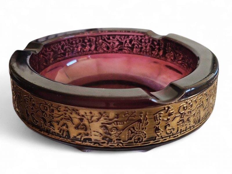 Cinzeiro para charutos Moser Karlsbad Oroplastic - Cristal Ametista e Bronze Dourado - Batalha das Amazonas - c. 1925